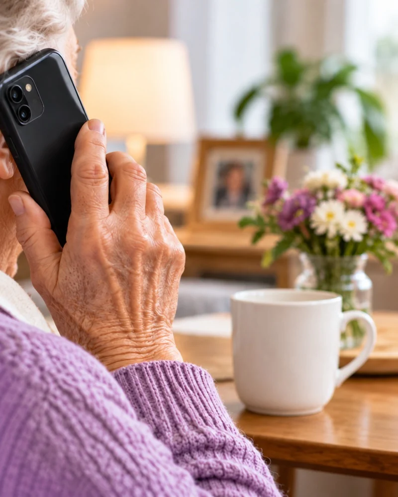 Eine ältere Frau telefoniert zu Hause – illustratives Motiv